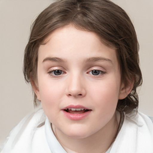 Joyful white child female with medium  brown hair and brown eyes