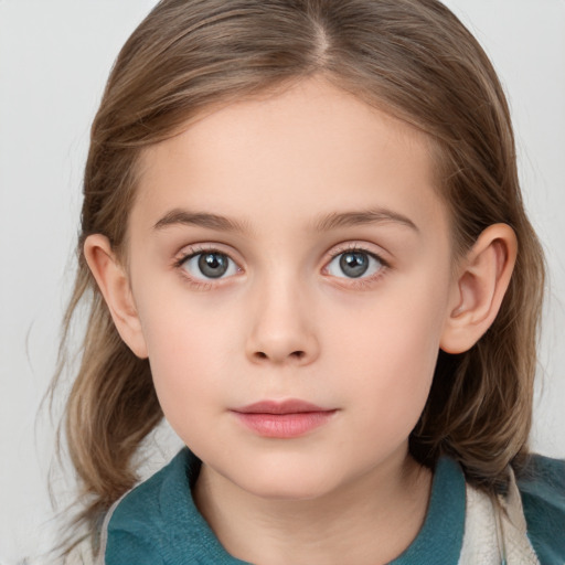 Neutral white child female with medium  brown hair and grey eyes