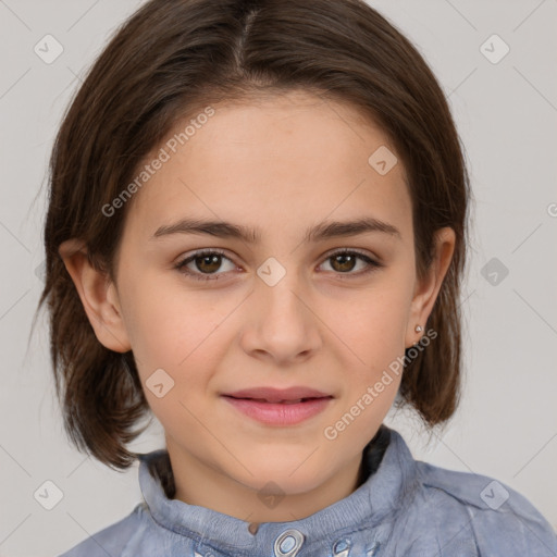 Joyful white child female with medium  brown hair and brown eyes