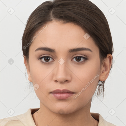 Neutral white young-adult female with medium  brown hair and brown eyes