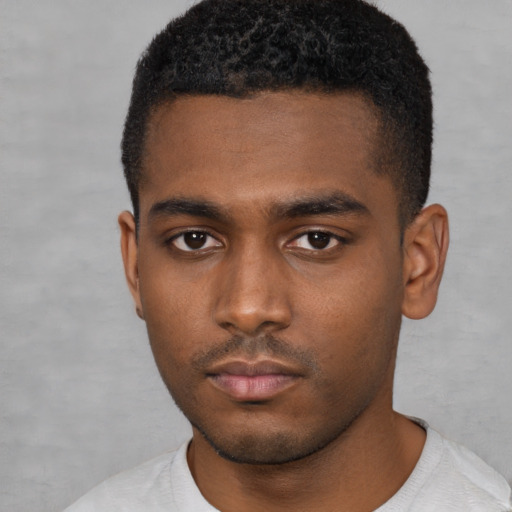 Neutral black young-adult male with short  black hair and brown eyes