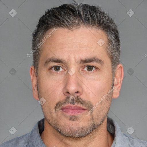 Neutral white adult male with short  brown hair and brown eyes