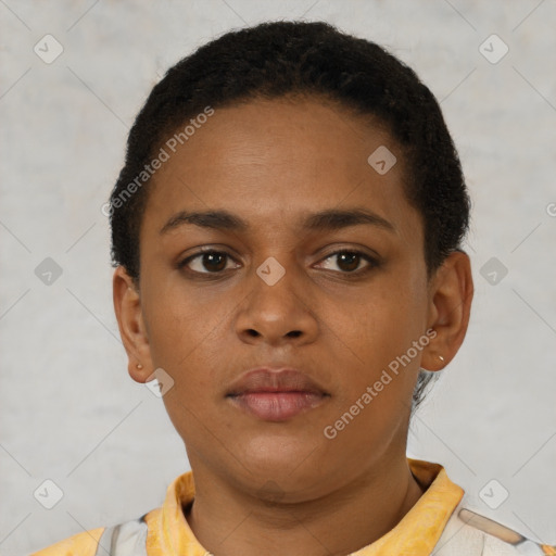 Neutral black young-adult female with short  brown hair and brown eyes