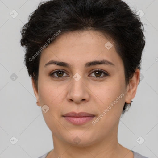 Joyful white young-adult female with short  brown hair and brown eyes