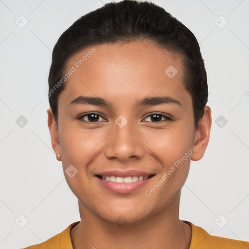 Joyful white young-adult female with short  brown hair and brown eyes