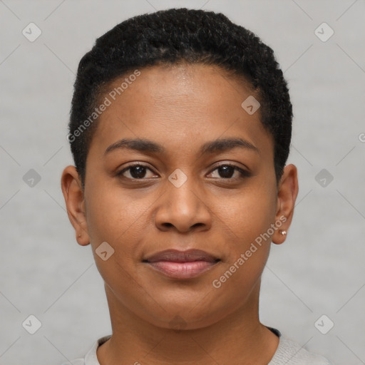 Joyful black young-adult female with short  black hair and brown eyes