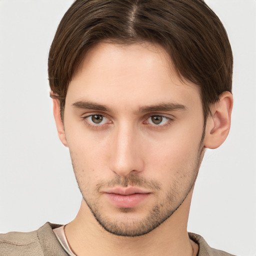 Neutral white young-adult male with short  brown hair and brown eyes