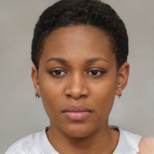 Neutral black young-adult female with short  brown hair and brown eyes