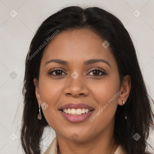 Joyful latino young-adult female with long  brown hair and brown eyes