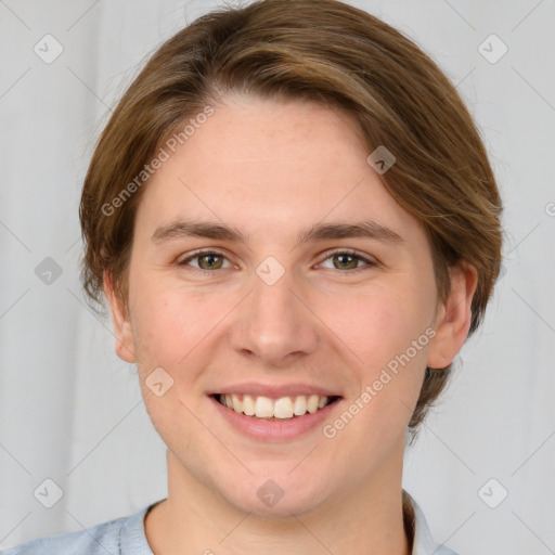 Joyful white young-adult female with medium  brown hair and green eyes