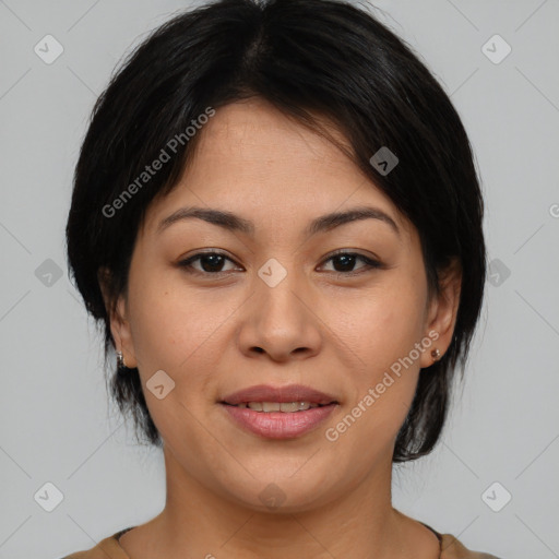 Joyful asian young-adult female with medium  brown hair and brown eyes