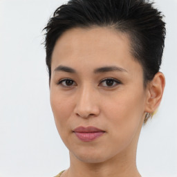 Joyful asian young-adult female with short  brown hair and brown eyes