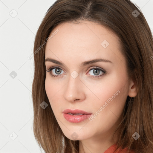 Neutral white young-adult female with long  brown hair and brown eyes