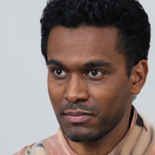 Neutral black young-adult male with short  black hair and brown eyes