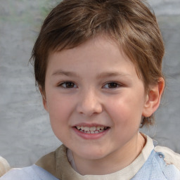 Joyful white child female with short  brown hair and brown eyes