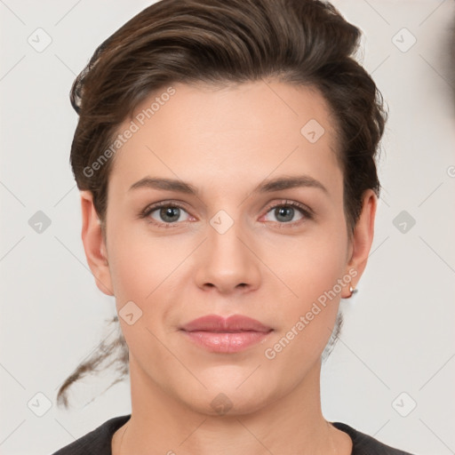 Neutral white young-adult female with short  brown hair and brown eyes