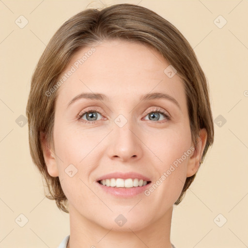 Joyful white young-adult female with medium  brown hair and green eyes