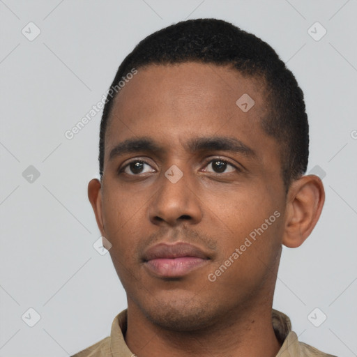 Neutral black young-adult male with short  black hair and brown eyes