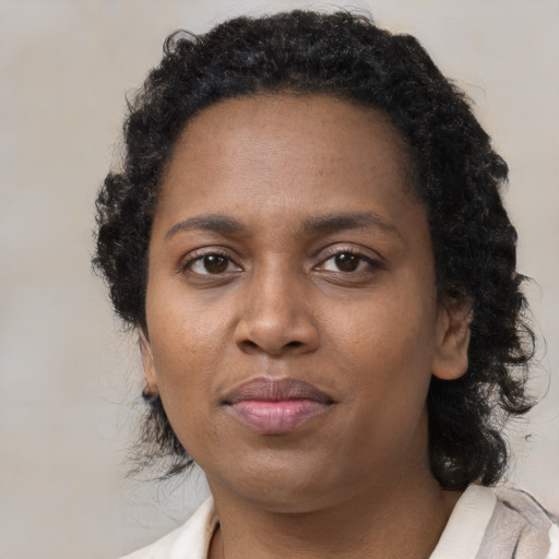Neutral black young-adult female with medium  brown hair and brown eyes
