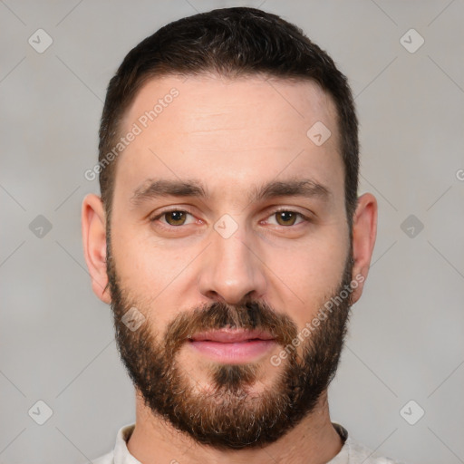 Neutral white young-adult male with short  brown hair and brown eyes