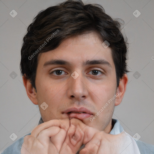 Neutral white young-adult male with short  brown hair and brown eyes