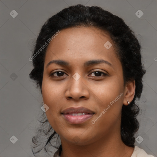 Joyful latino young-adult female with long  black hair and brown eyes