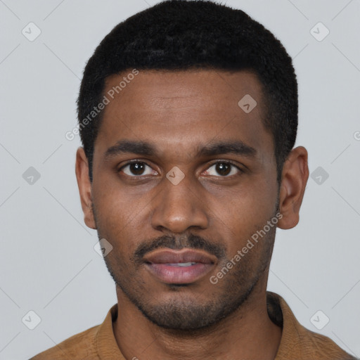 Neutral black young-adult male with short  black hair and brown eyes