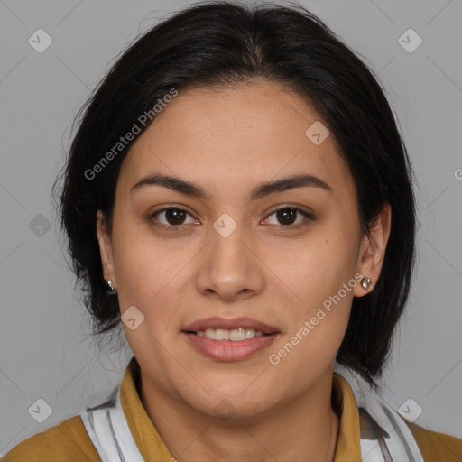 Joyful latino young-adult female with medium  brown hair and brown eyes