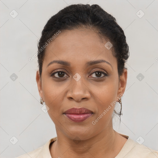 Joyful latino young-adult female with short  brown hair and brown eyes