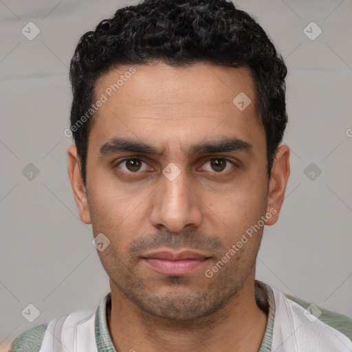 Neutral white young-adult male with short  black hair and brown eyes