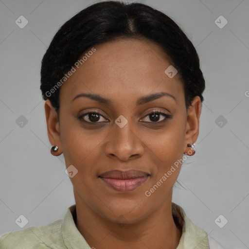 Joyful latino young-adult female with short  brown hair and brown eyes