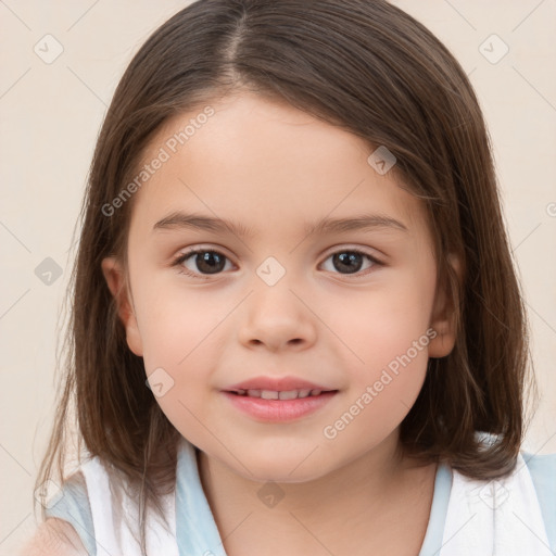 Joyful white child female with medium  brown hair and brown eyes