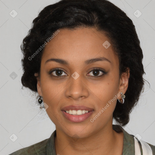 Joyful latino young-adult female with medium  black hair and brown eyes