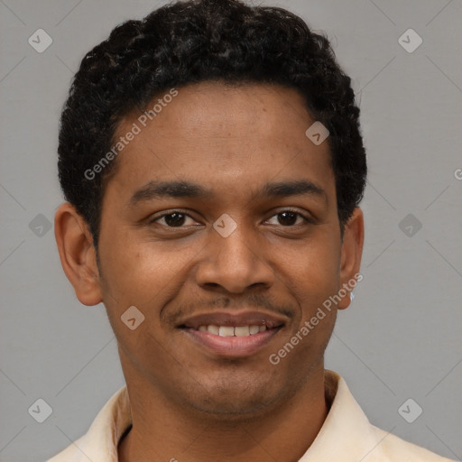 Joyful latino young-adult male with short  brown hair and brown eyes