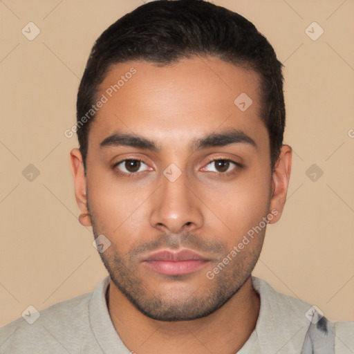 Neutral latino young-adult male with short  black hair and brown eyes