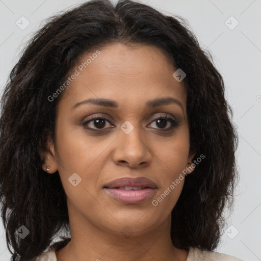 Joyful latino young-adult female with long  brown hair and brown eyes