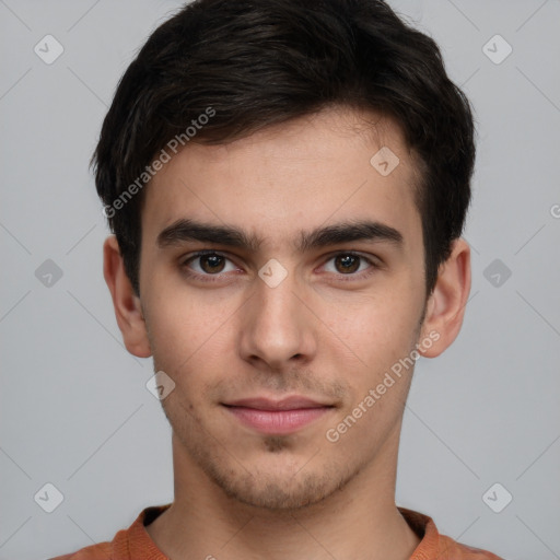 Neutral white young-adult male with short  brown hair and brown eyes