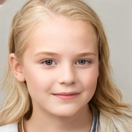 Joyful white child female with long  brown hair and blue eyes