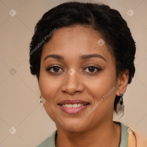 Joyful latino young-adult female with short  brown hair and brown eyes