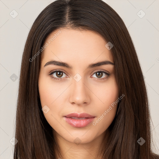 Neutral white young-adult female with long  brown hair and brown eyes