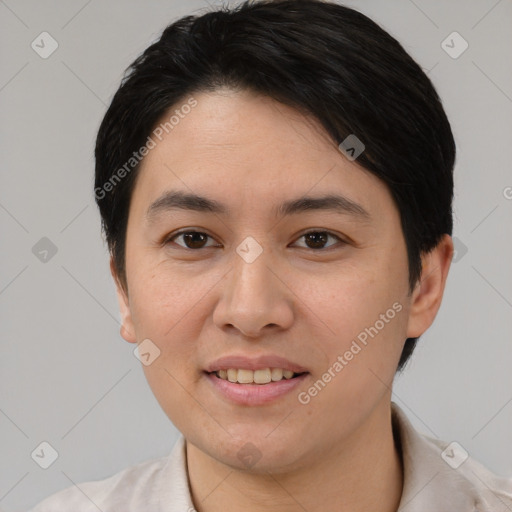 Joyful white young-adult female with short  brown hair and brown eyes