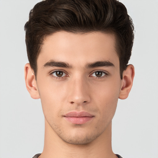 Neutral white young-adult male with short  brown hair and brown eyes