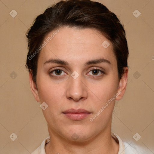 Neutral white young-adult female with short  brown hair and brown eyes