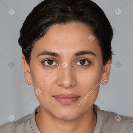 Joyful white young-adult female with short  brown hair and brown eyes