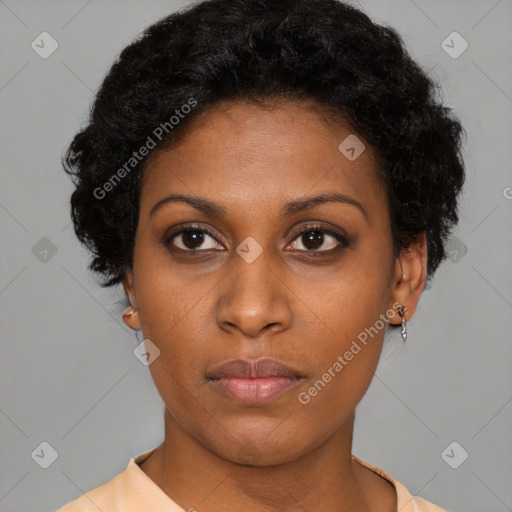 Neutral black young-adult female with short  brown hair and brown eyes