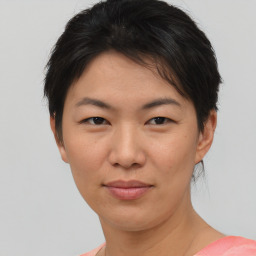 Joyful asian young-adult female with short  brown hair and brown eyes