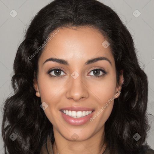 Joyful latino young-adult female with long  black hair and brown eyes