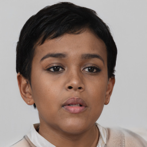 Neutral asian young-adult female with short  brown hair and brown eyes