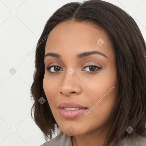 Neutral white young-adult female with long  brown hair and brown eyes