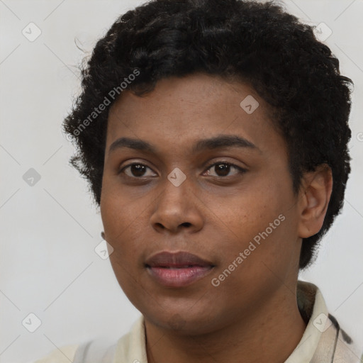 Neutral black young-adult female with short  brown hair and brown eyes